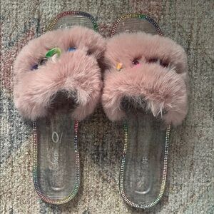 Cozy Blush Furry Sandals with Rainbow Accents